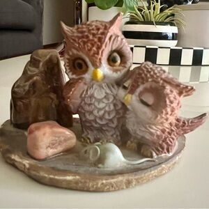 Vintage Owl Figurine with Mouse on Agate Rock
